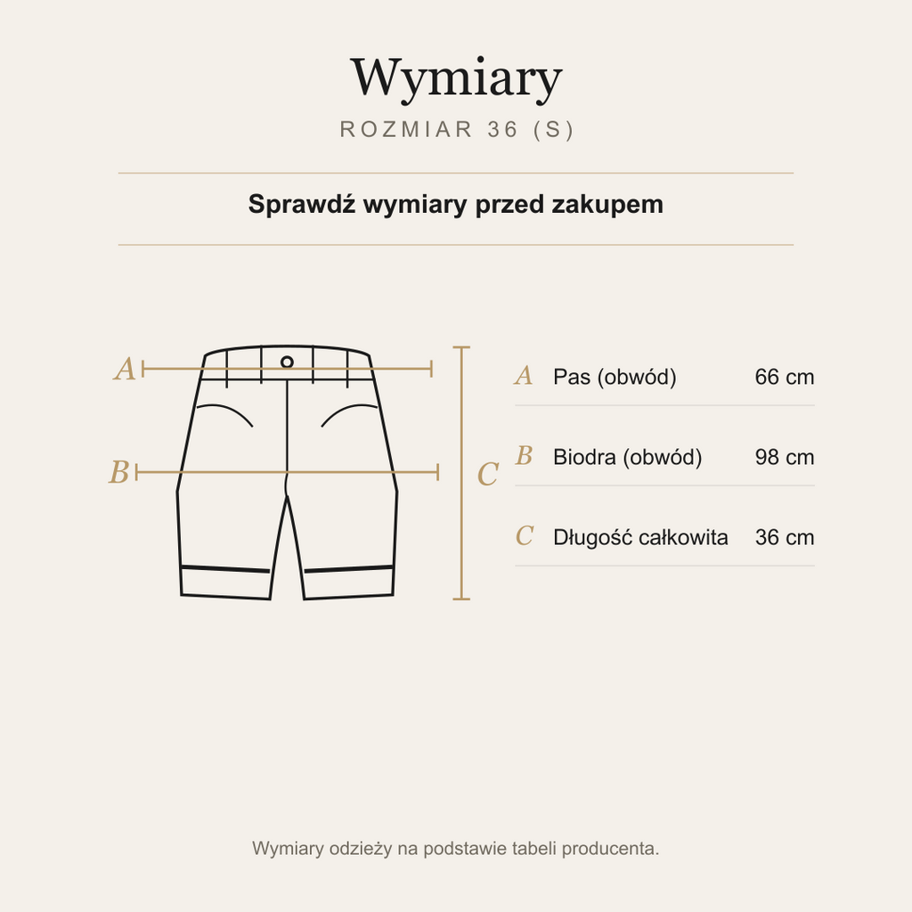 Biały krótkie szorty jeansowe, wymiary rozmiaru 36