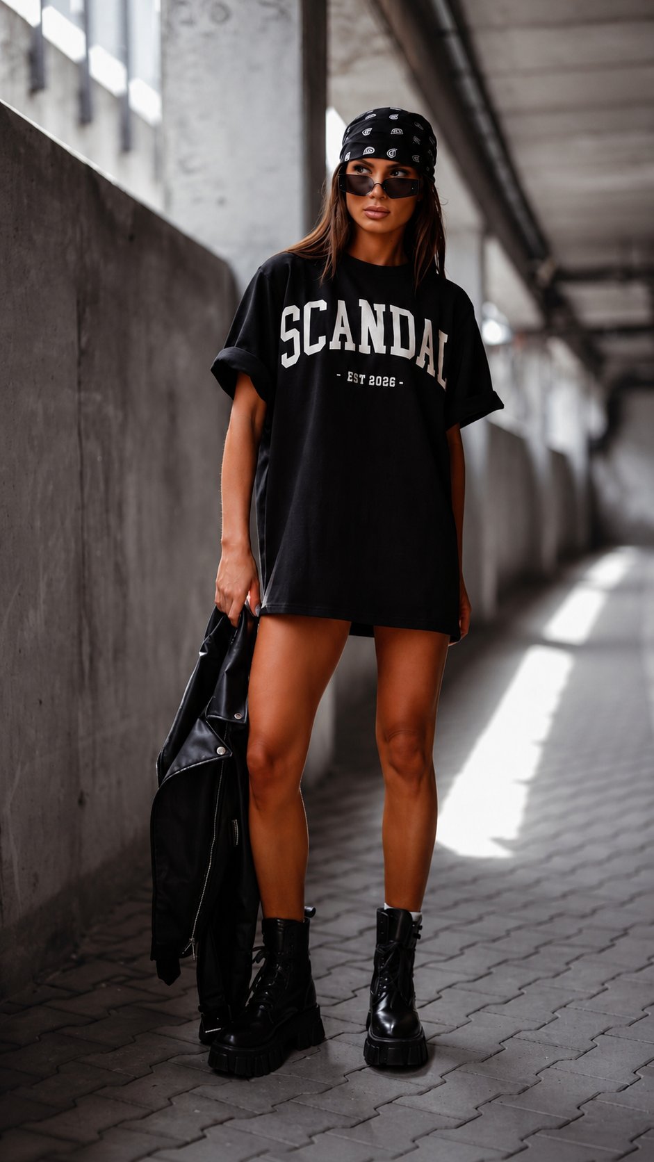 Czarny — t-shirt oversize z nadrukiem Scandal, przód na modelce