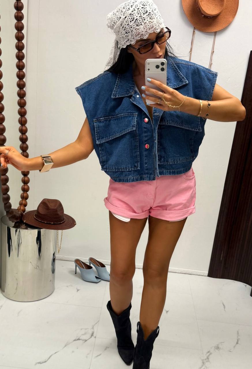 Niebieski kamizelka jeansowa oversize z kieszeniami, przód