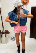 Niebieski kamizelka jeansowa oversize z kieszeniami, detal