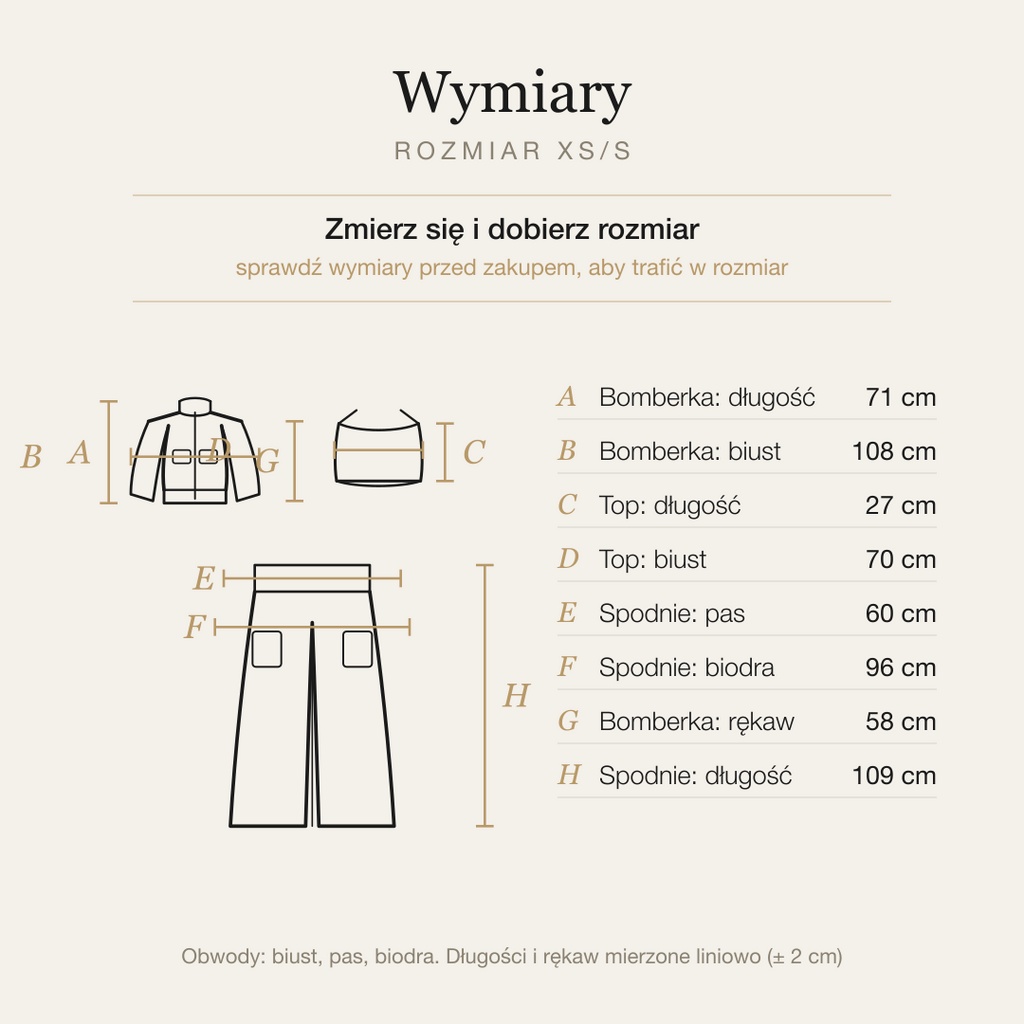 Brązowy komplet 3w1, tabela wymiarów XS/S