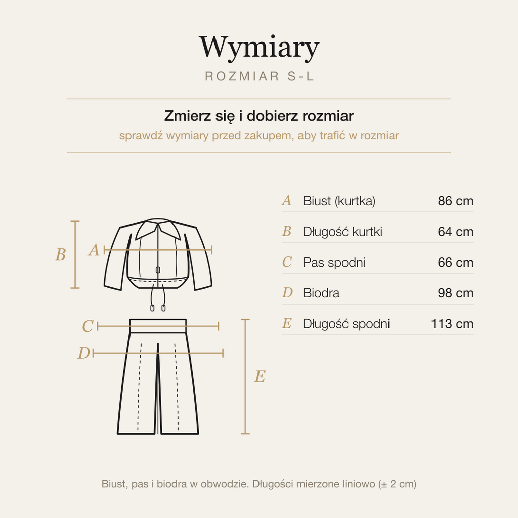 Ciemny beż komplet kurtka i szerokie spodnie, tabela wymiarów