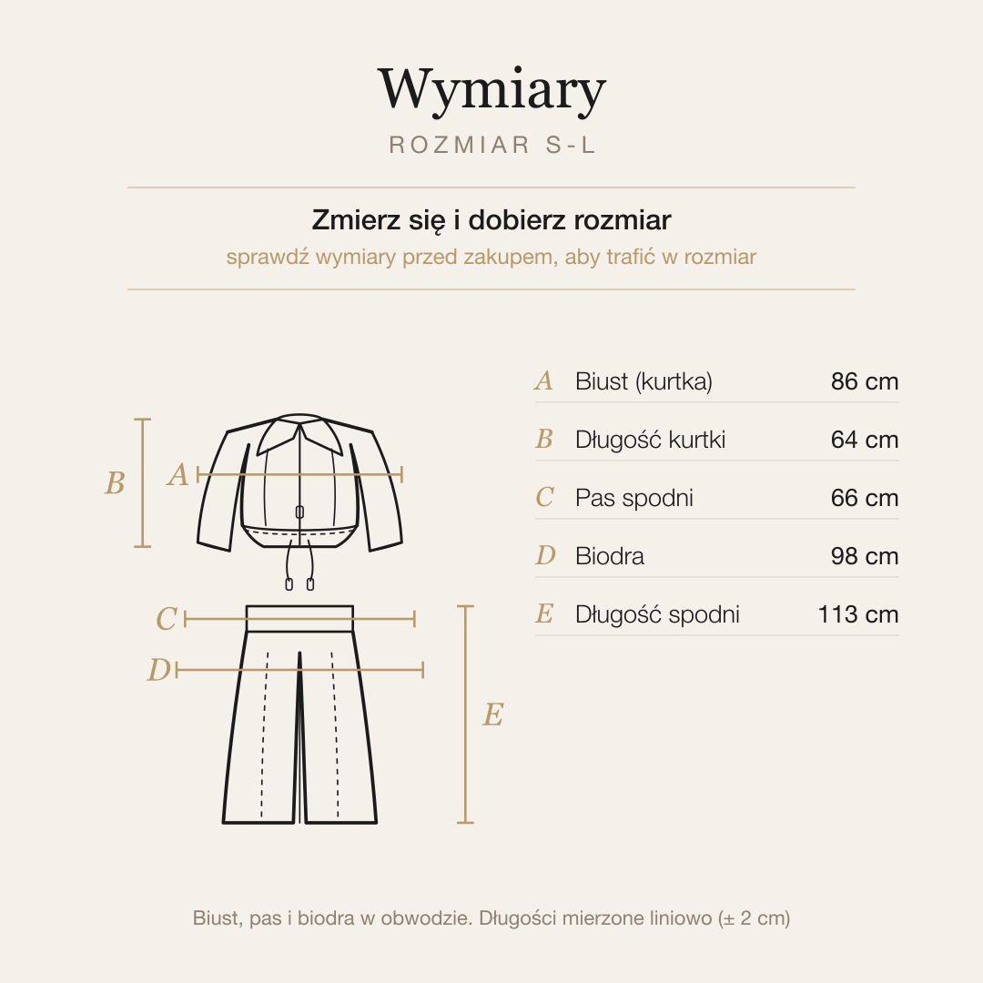 Ciemny beż komplet kurtka i szerokie spodnie, tabela wymiarów