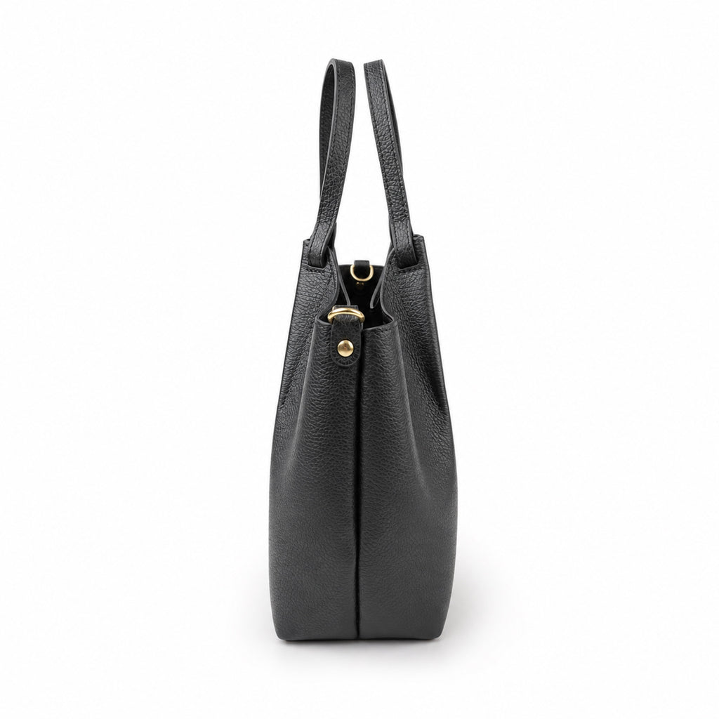 Czarny torebka shopper z organizerem, bok