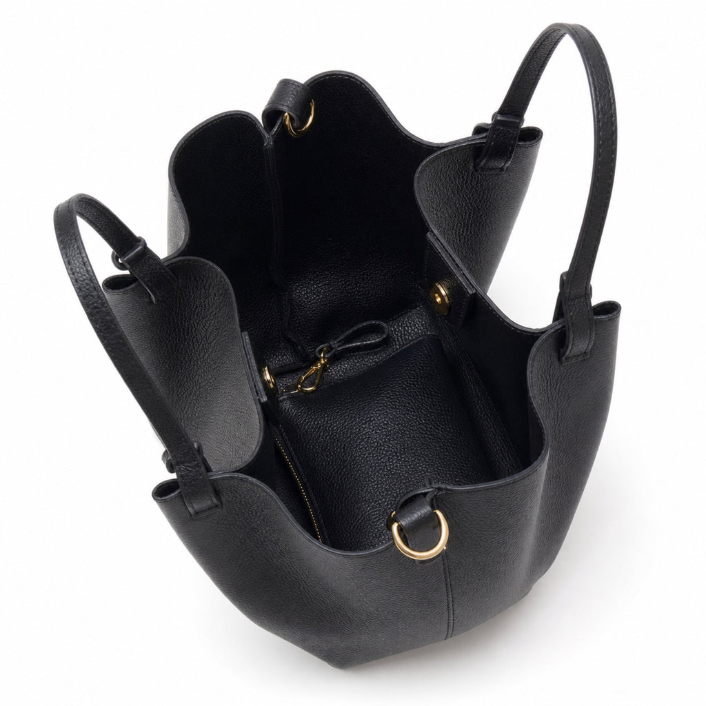 Czarny torebka shopper z organizerem, wnętrze i organizer