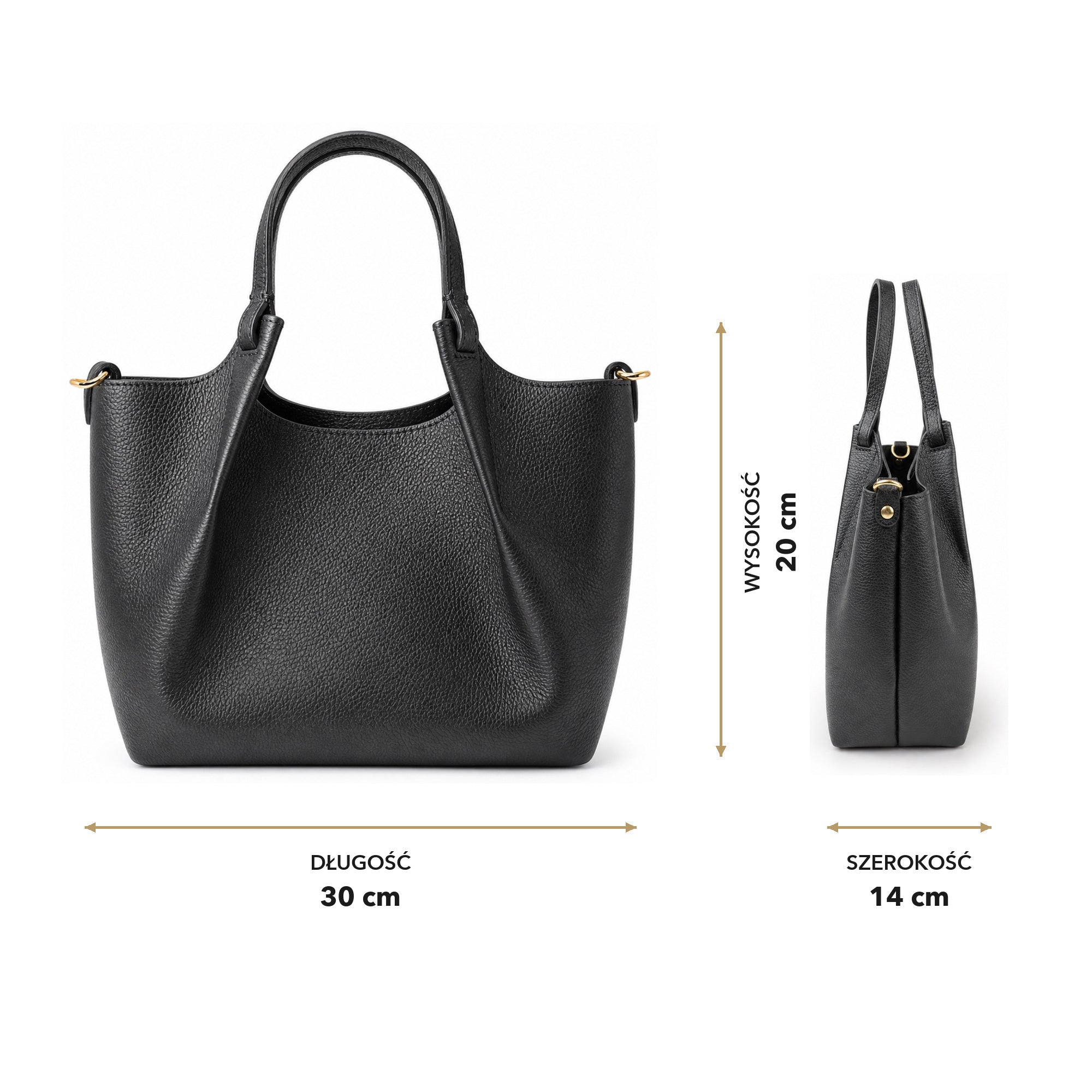 Czarny torebka shopper z organizerem, wymiary