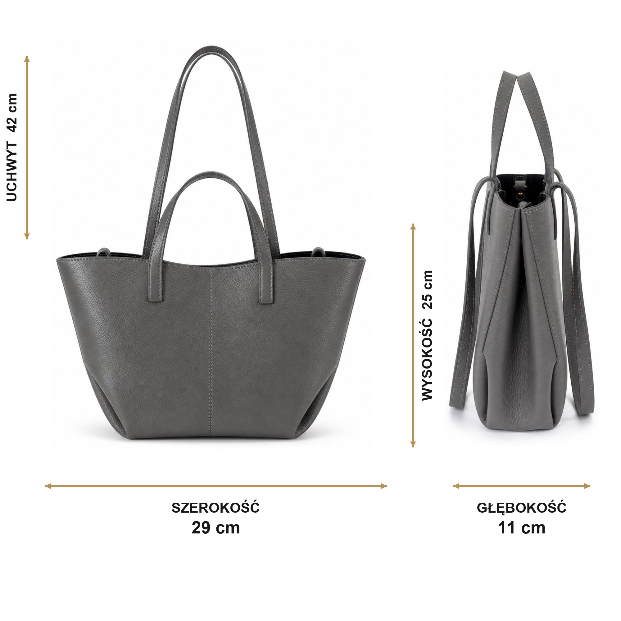 Popielaty szary torebka shopper z organizerem, wymiary