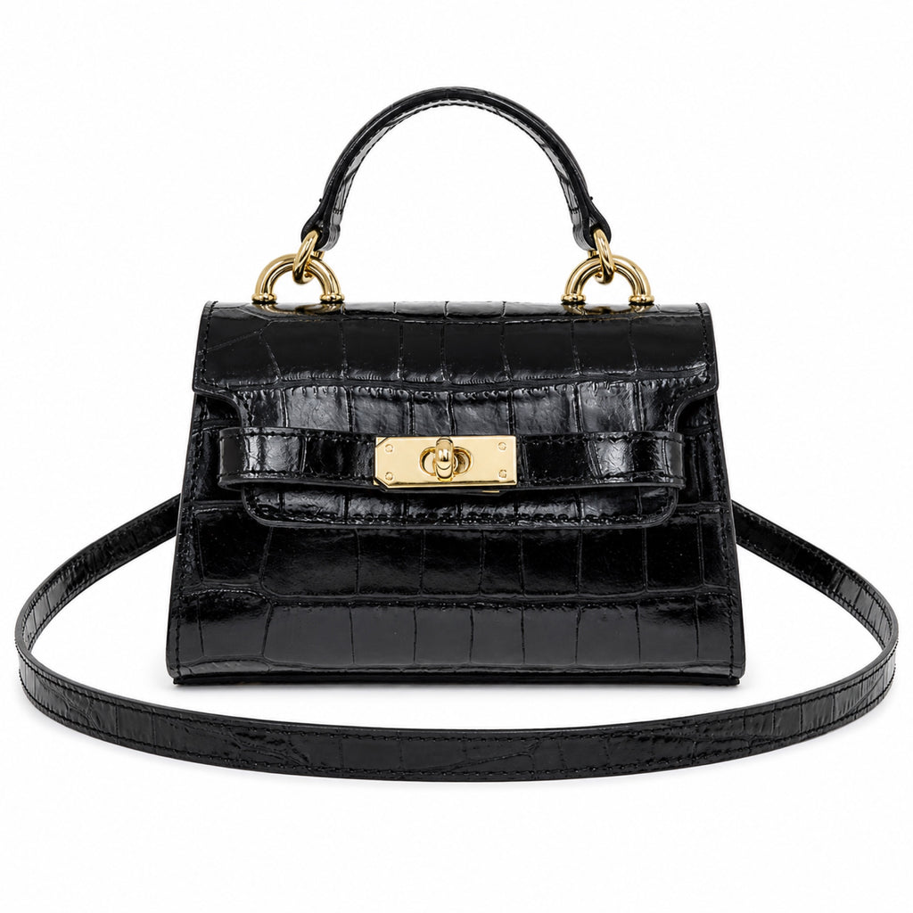 Czarny croco mini torebka z klapą Laura Biaggi, packshot