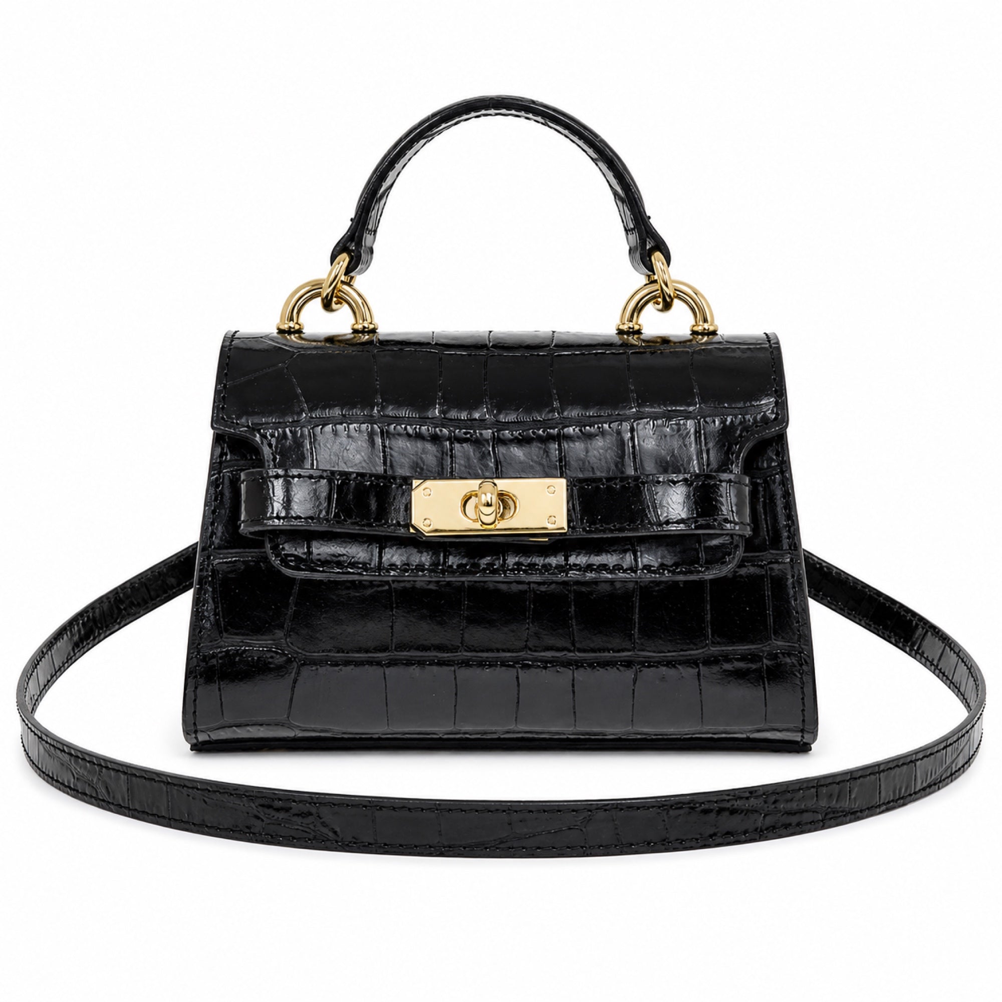 Czarny croco mini torebka z klapą Laura Biaggi, packshot