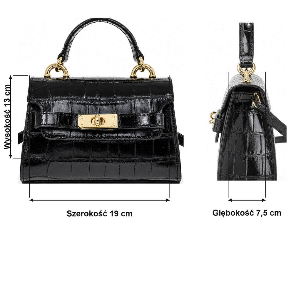 Czarny croco mini torebka z klapą Laura Biaggi, wymiary