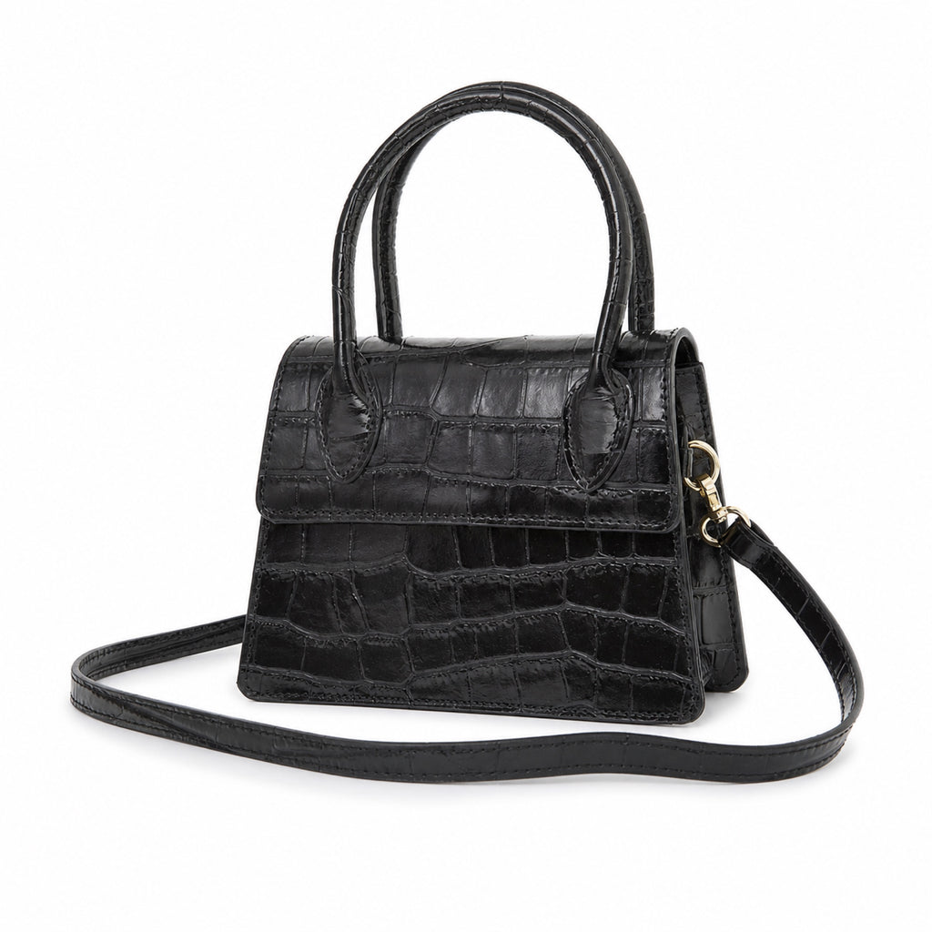 Czarny croco mini torebka croco, skos