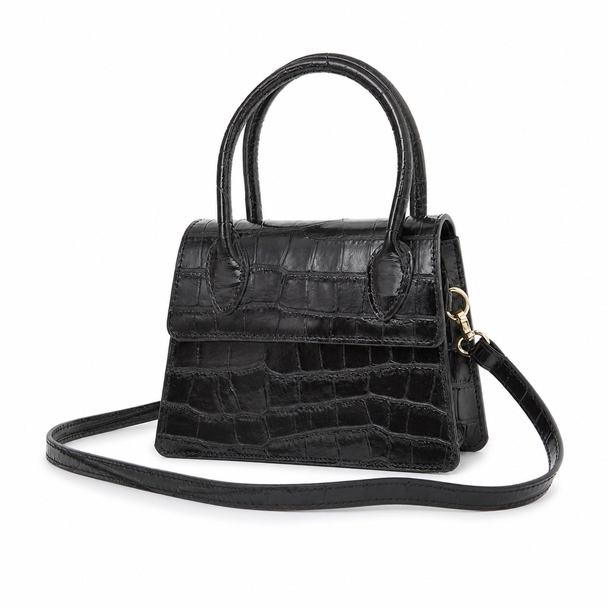 Czarny croco mini torebka croco, skos