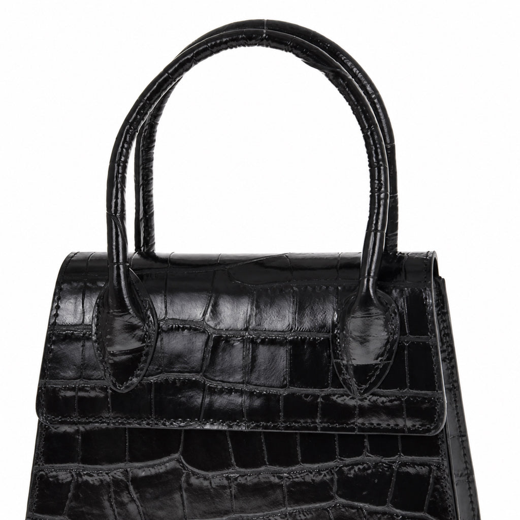 Czarny croco mini torebka croco, uchwyty