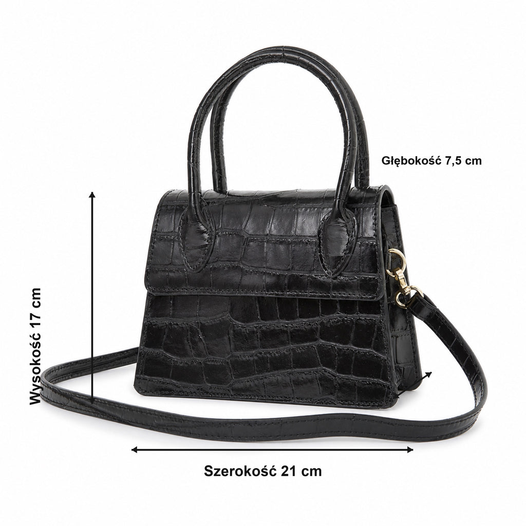 Czarny croco mini torebka croco, wymiary
