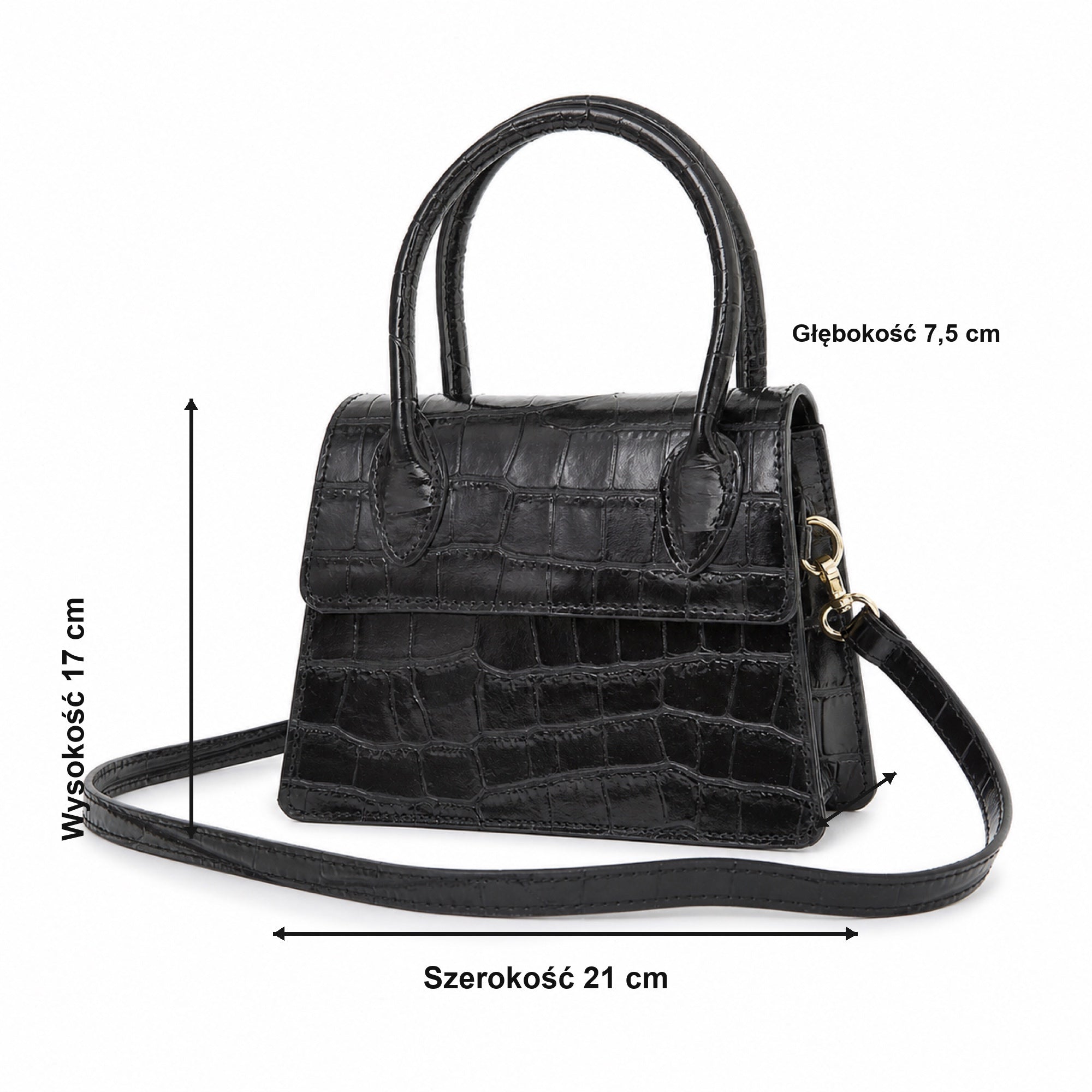 Czarny croco mini torebka croco, wymiary