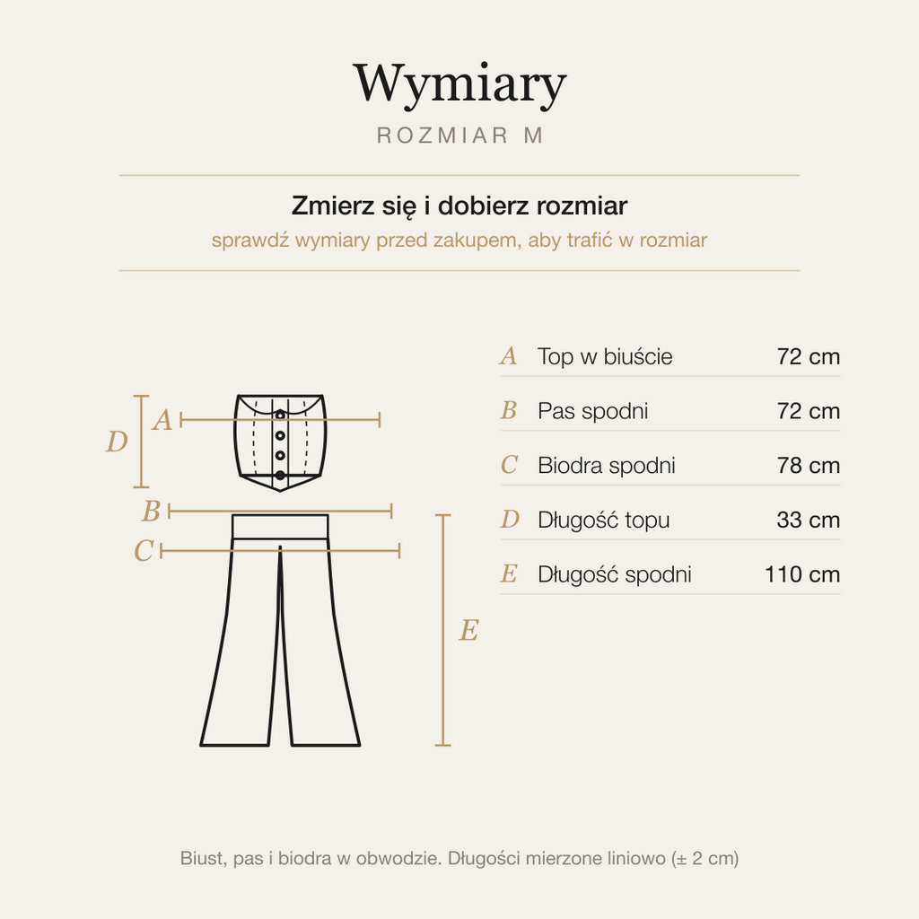 Tabela wymiarów kompletu, rozmiar M
