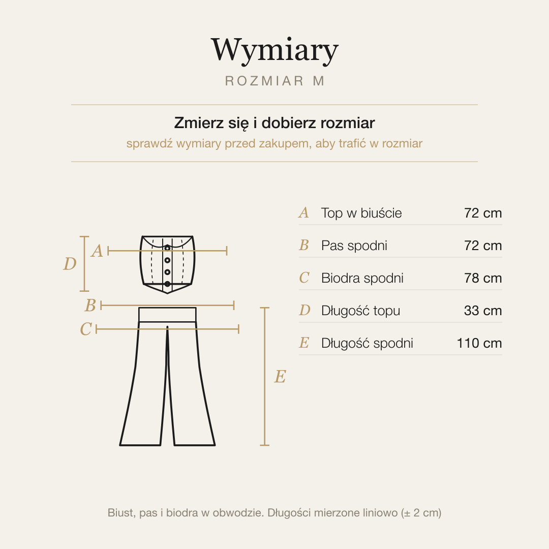 Tabela wymiarów kompletu, rozmiar M
