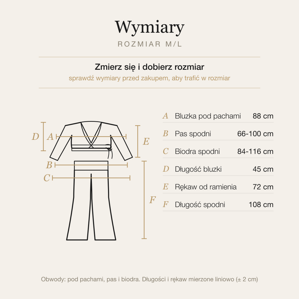 Tabela wymiarów kompletu, rozmiar M/L