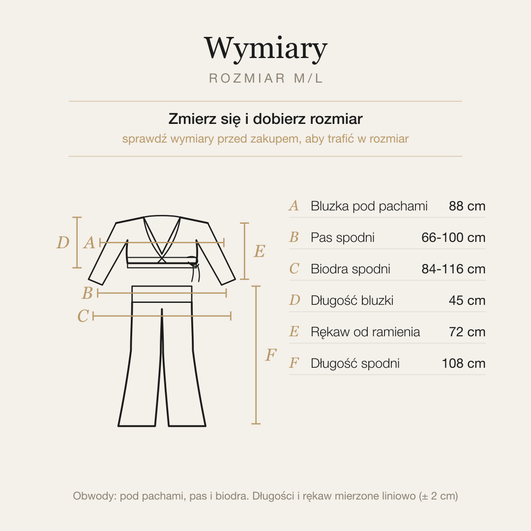 Tabela wymiarów kompletu, rozmiar M/L