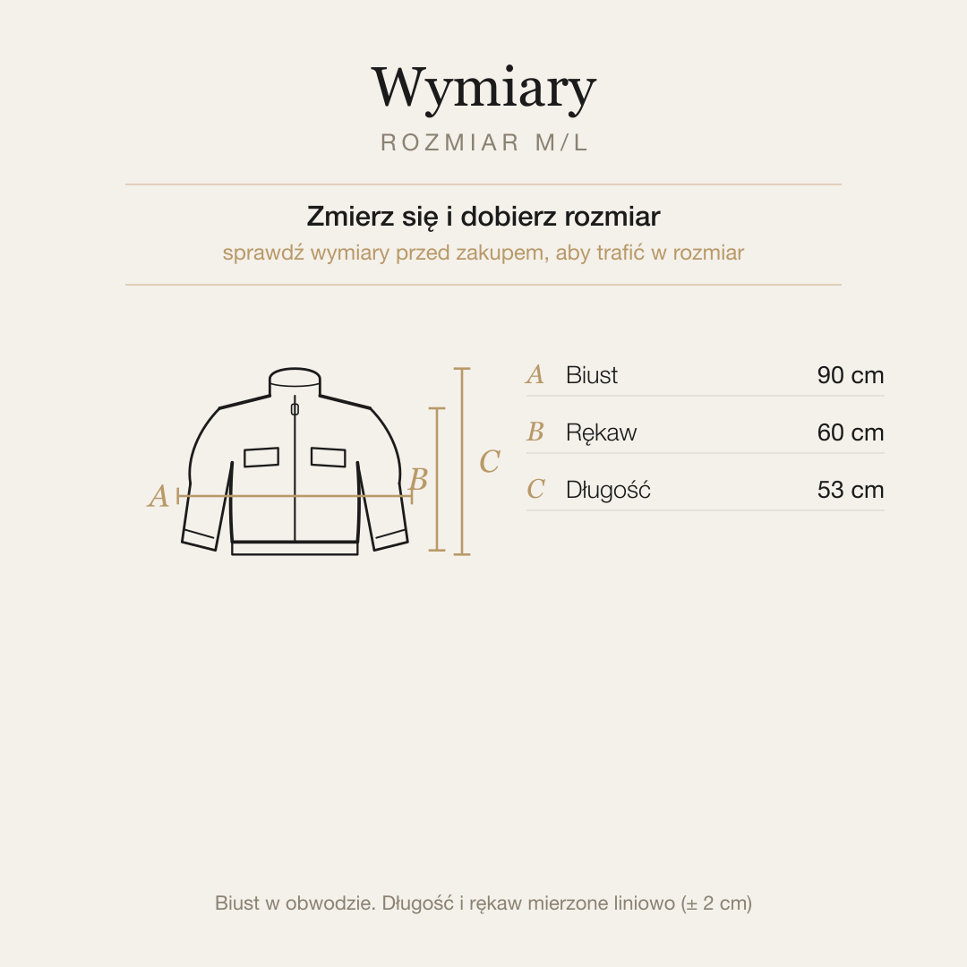 Tabela wymiarów kurtki, rozmiar M/L