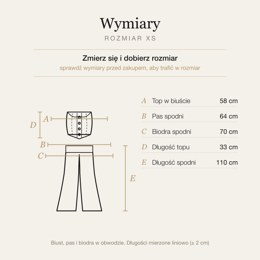 Tabela wymiarów kompletu, rozmiar XS