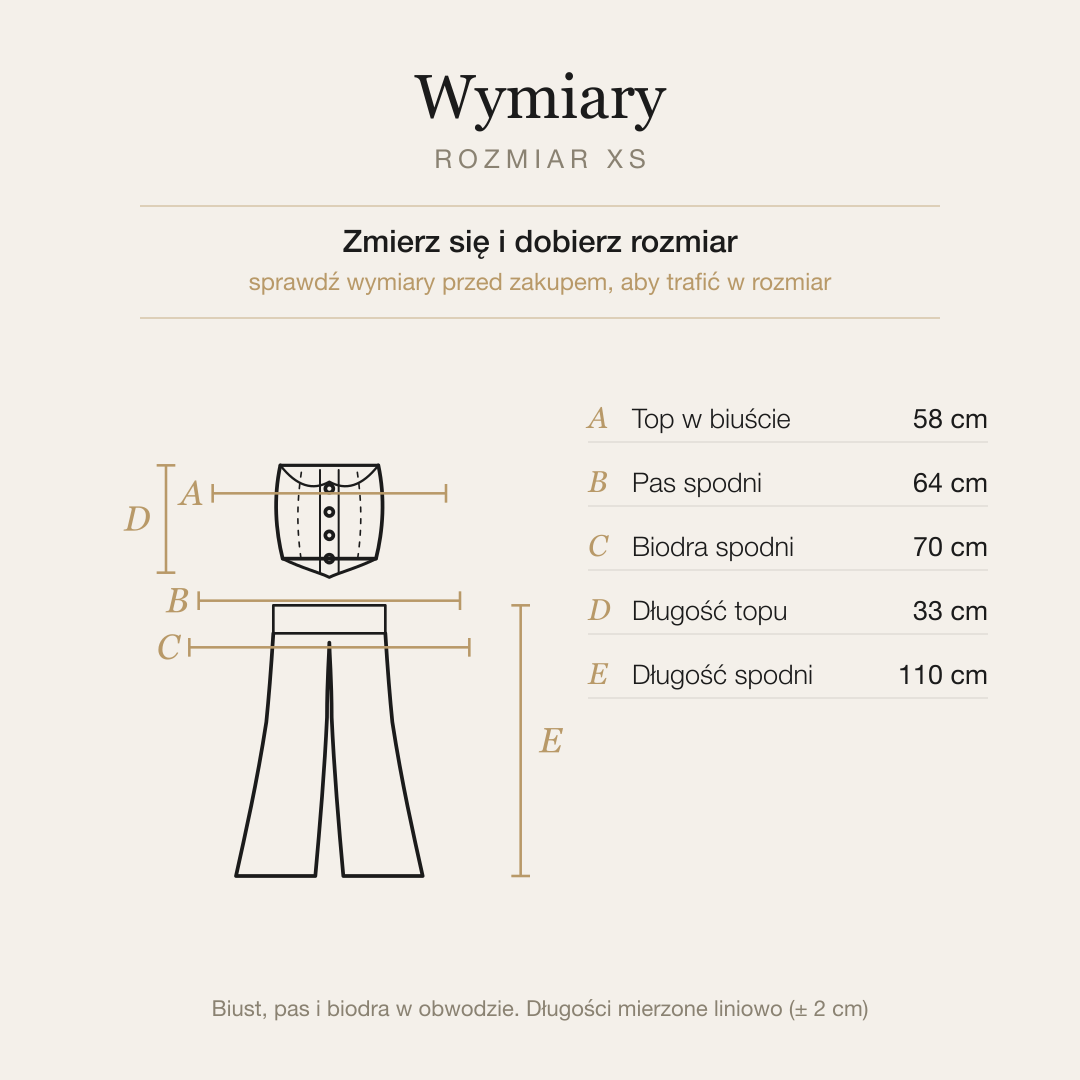 Tabela wymiarów kompletu, rozmiar XS