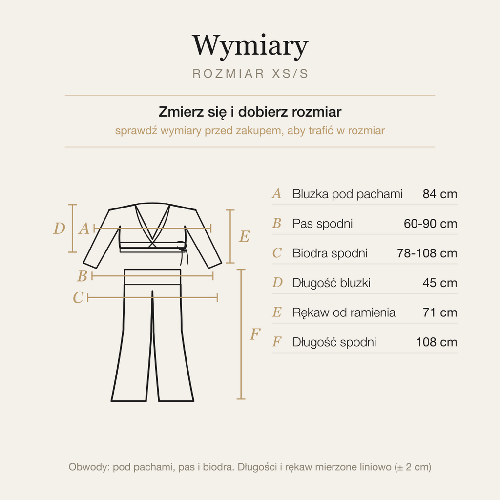 Tabela wymiarów kompletu, rozmiar XS/S