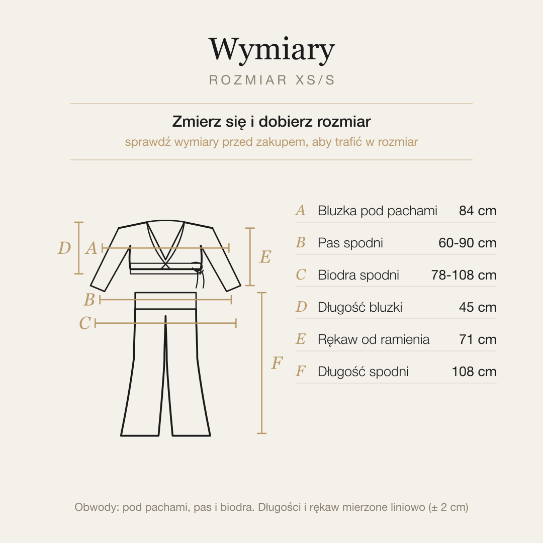 Tabela wymiarów kompletu, rozmiar XS/S