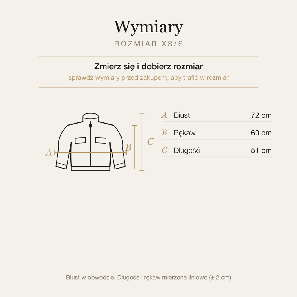 Tabela wymiarów kurtki, rozmiar XS/S