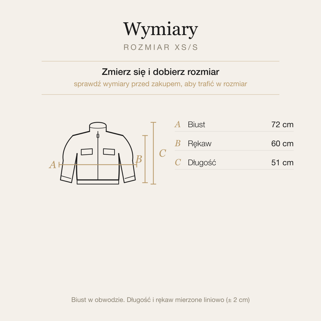 Tabela wymiarów kurtki, rozmiar XS/S