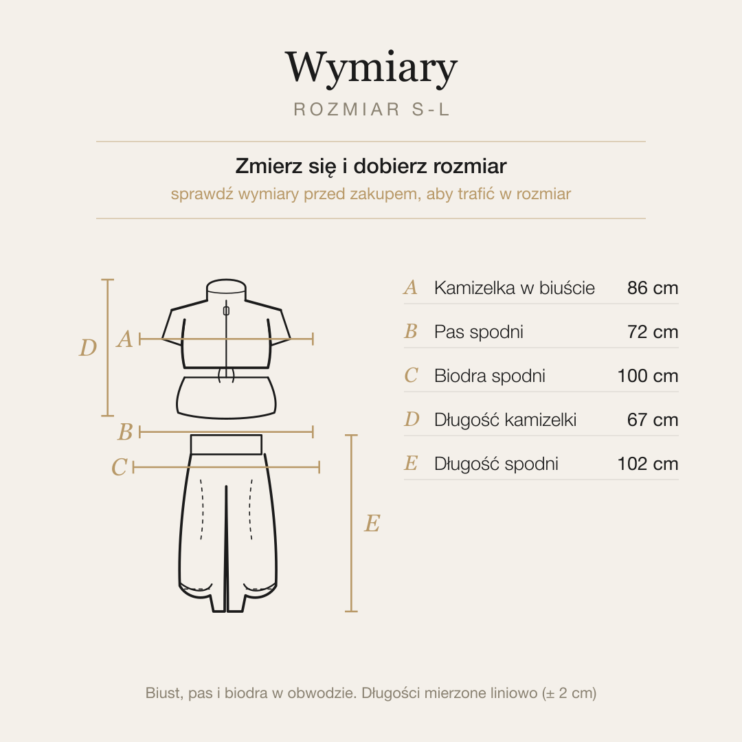 Tabela wymiarów kompletu, rozmiar S-L